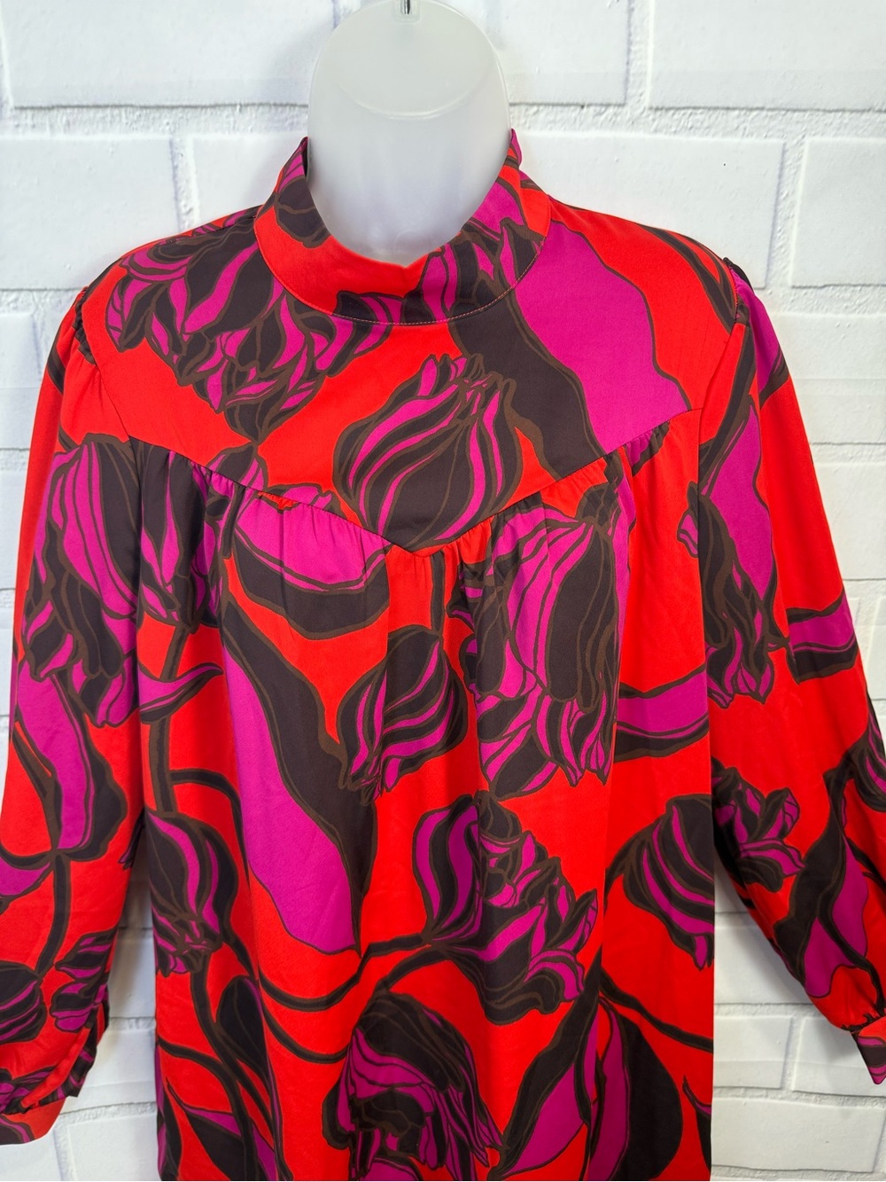 Who What Wear Floral Mock Neck Shift Dress Size L Red Pink Long Sleeve Pockets - Picture 7 of 12